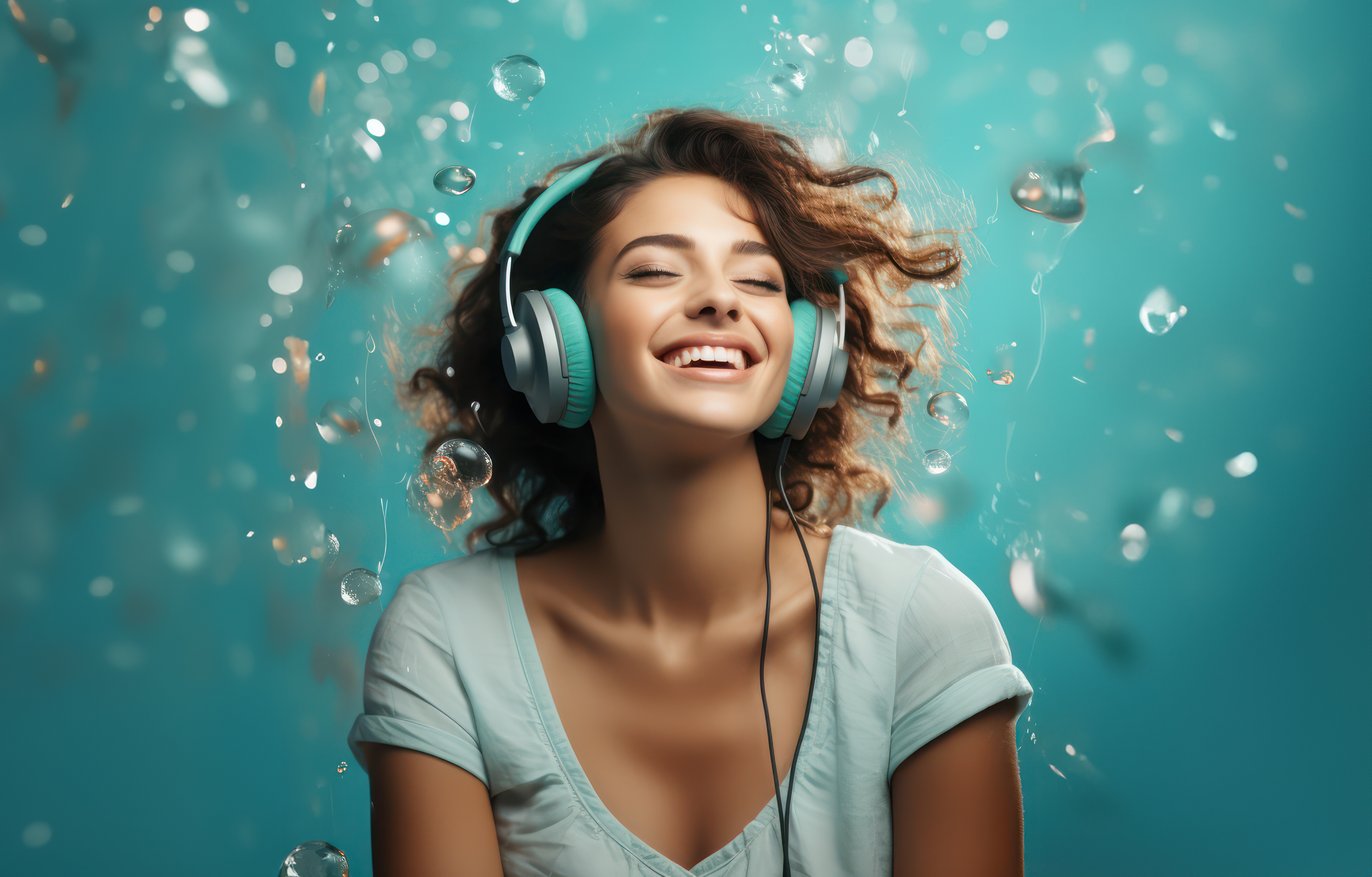 Floating woman with headphones